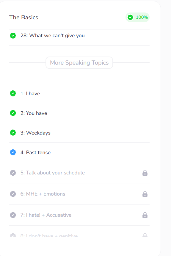 Screenshot of the BeFluent Russian course webpage showing progress in lessons and a notification to rate the lesson.