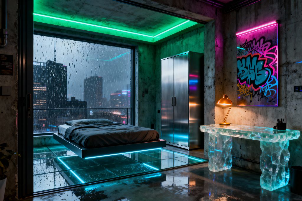 A cyberpunk bedroom with exposed concrete walls overlooks a rainy city skyline through a floor-to-ceiling glass door. A low floating platform bed with gray bedding hovers over illuminated glass floor panels edged in cyan LED light. A tall stainless steel wardrobe reflects the glow, while a chunky translucent resin desk holds a warm brass lamp beneath a pink backlit graffiti artwork. Neon cove lighting in cyan and magenta wraps the ceiling, creating a moody, futuristic atmosphere.