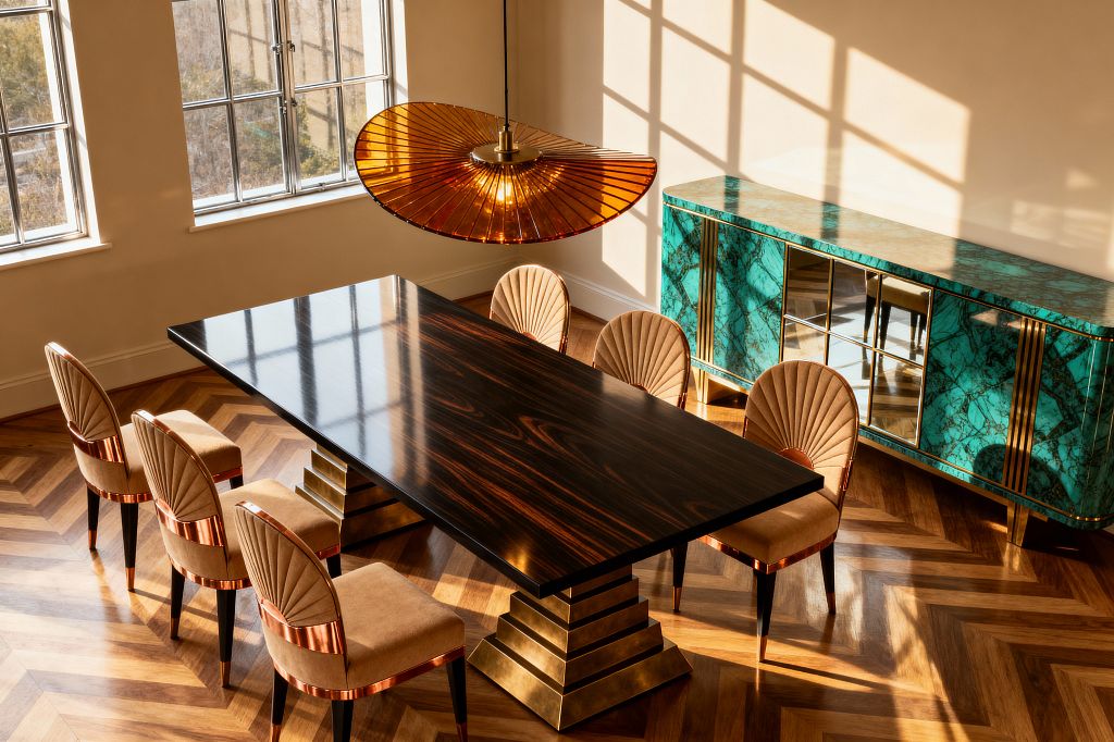 A sunlit Art Deco dining room with a rectangular high-gloss dark wood table on stepped brass pedestal bases, surrounded by six tan velvet, shell-back chairs banded in polished copper. An amber, fan-shaped glass pendant hangs above. Against the wall sits an emerald-green marble credenza with brass trim and mirrored central doors. Herringbone oak flooring and cream walls frame steel-framed windows, casting long grid shadows across the space.