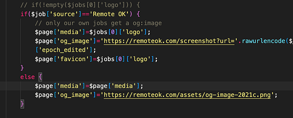 A code snippet that handles the assignment of Open Graph images based on job source conditions.