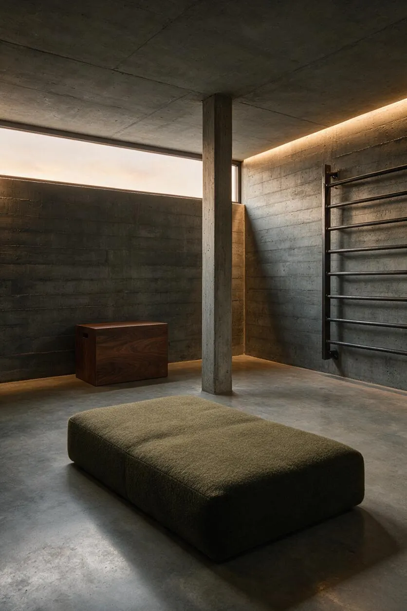 A minimalist home gym with raw concrete walls, ceiling, and floor, centered by a vertical concrete column. A dark green upholstered workout bench sits in the foreground, while a wooden storage box and wall-mounted stall bars add functional detail. Warm hidden lighting traces the perimeter, softening the austere Brutalist surfaces.