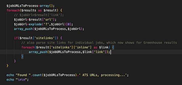 The image displays a code snippet for parsing job URLs from Google search results.