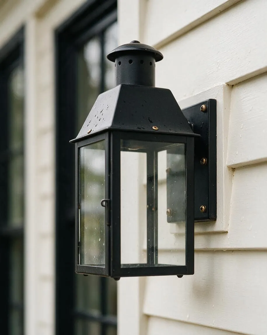 A close-up of a matte black lantern-style wall sconce mounted on white clapboard siding beside a dark-framed window. The fixture has clear glass panels, a classic farmhouse silhouette, and brass-toned screws that add subtle vintage character.