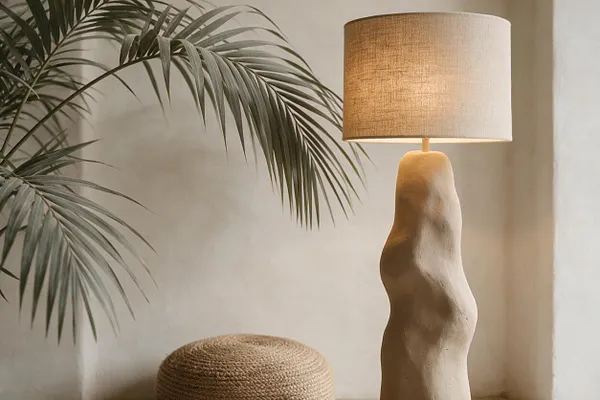 A biophilic-style table lamp stands beside a palm plant, featuring a sculptural stone-like base and a cylindrical linen shade. The scene uses soft beige and natural green tones with warm ambient light, creating a calm, nature-inspired interior vignette.