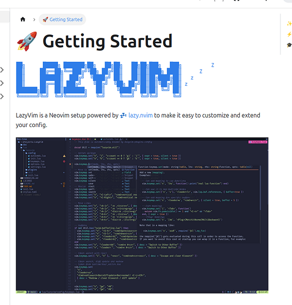 The image displays a 'Getting Started' guide for LazyVim, featuring code snippets and configuration details.