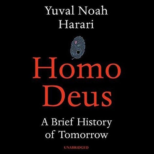 The image features the cover of the audiobook 'Homo Deus' by Yuval Noah Harari.