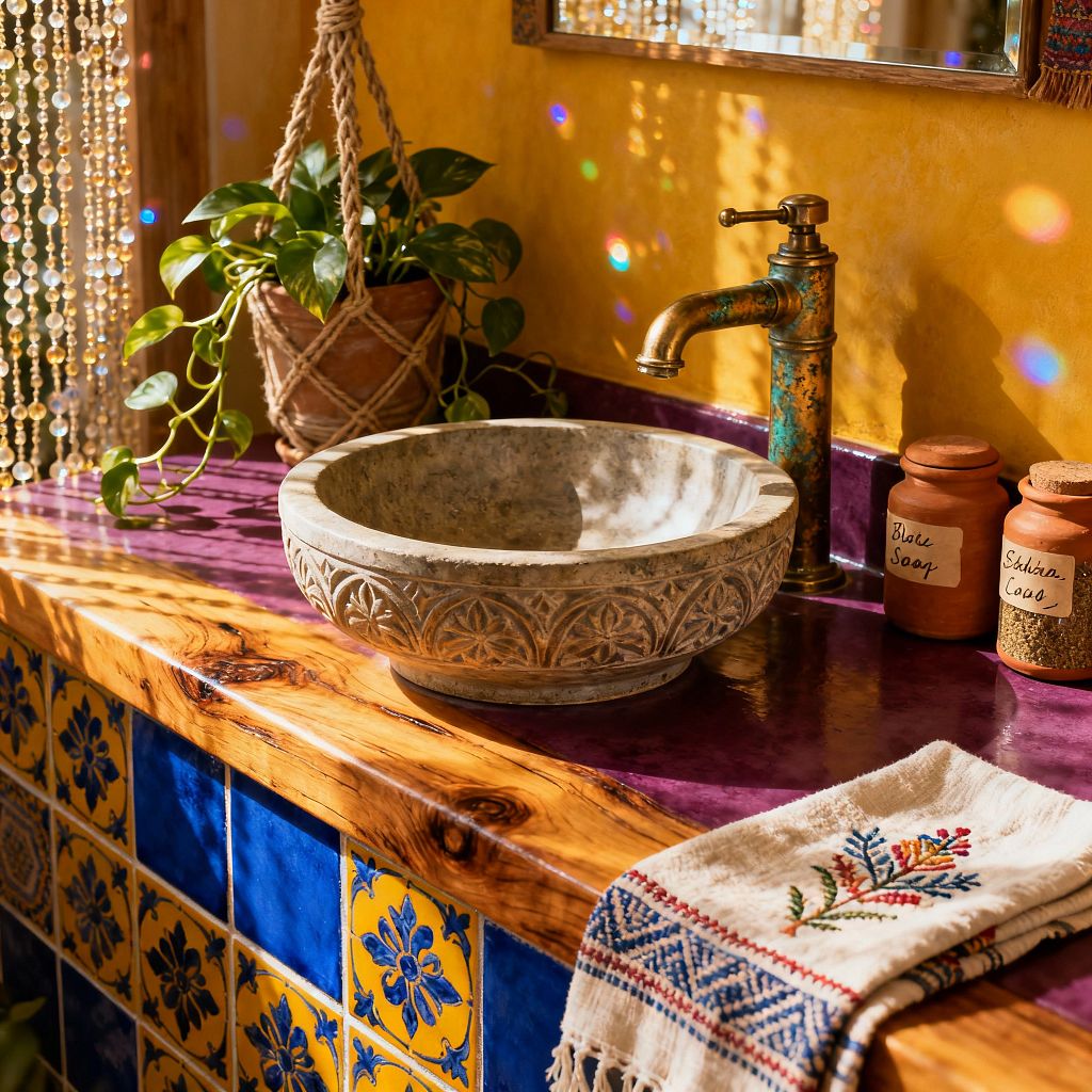 Sunlit bohemian kitchen vignette showing a carved stone bowl sink on a glossy purple countertop edged with live-edge wood and fronted by blue-and-yellow Talavera tiles. An antiqued brass faucet with verdigris patina stands against a golden plaster wall, with a pothos in a macramé hanger, terracotta jars, an embroidered fringed towel, and a beaded curtain casting rainbow light completing the colorful, handcrafted scene.