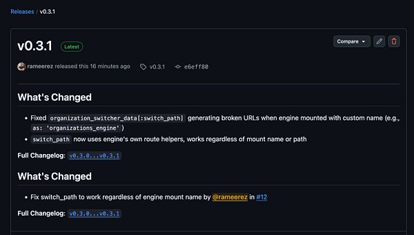 Release notes screenshot detailing bug fixes and enhancements for organizations v0.3.1 version.