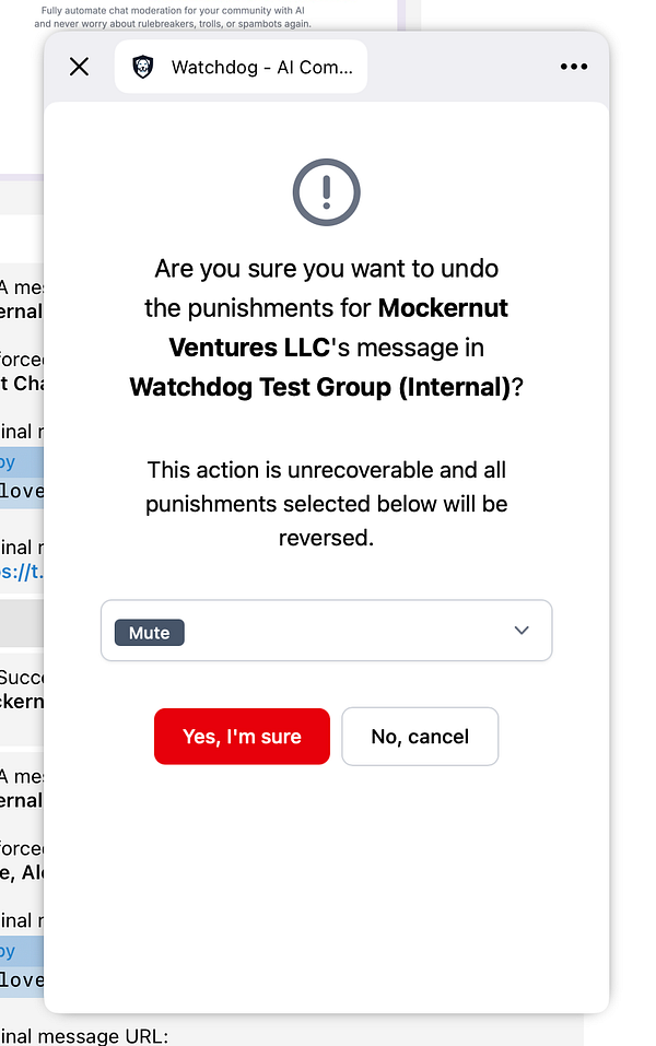 A confirmation dialog for undoing punishments in a Telegram mini app.