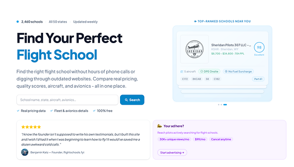 Flight school search webpage with a search bar, top-ranked school card, testimonial, and advertising box.