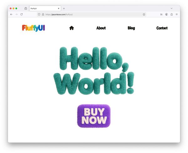 The image displays a colorful website interface for FluffyUI featuring a playful greeting and a purchase button.