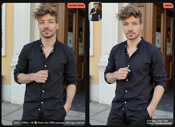 The image displays a side-by-side comparison of a frame grab from a video and the original video still.