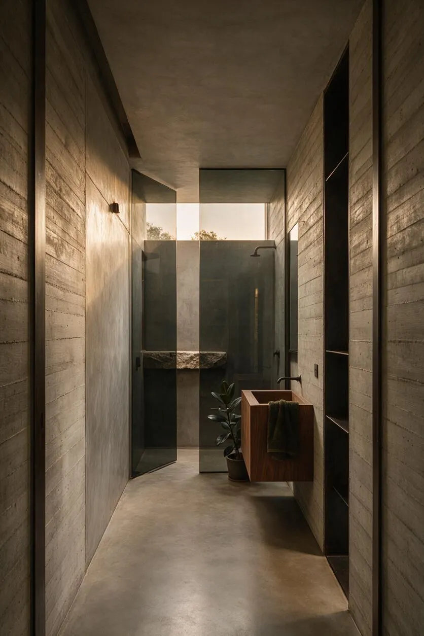A narrow Brutalist bathroom with textured concrete walls and floor, a dark glass shower enclosure at the end, and a floating wood sink on the right. Soft daylight enters from a high window, highlighting the muted gray and brown tones and the minimalist, sculptural layout.