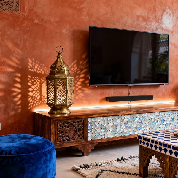 A Moroccan-inspired media room features a terracotta plaster wall with a mounted flat-screen TV and slim soundbar. Below, a carved hardwood console with mother-of-pearl mosaic fronts is underlit by warm LEDs, beside a large pierced brass lantern that throws patterned shadows. A cobalt velvet ottoman, blue-and-white zellige-tiled table, cream Berber rug, and pale stone floor complete the layered, cozy setting.