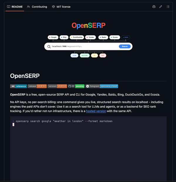 Screenshot of a terminal window displaying logs from the OpenSERP application running a scraping job.