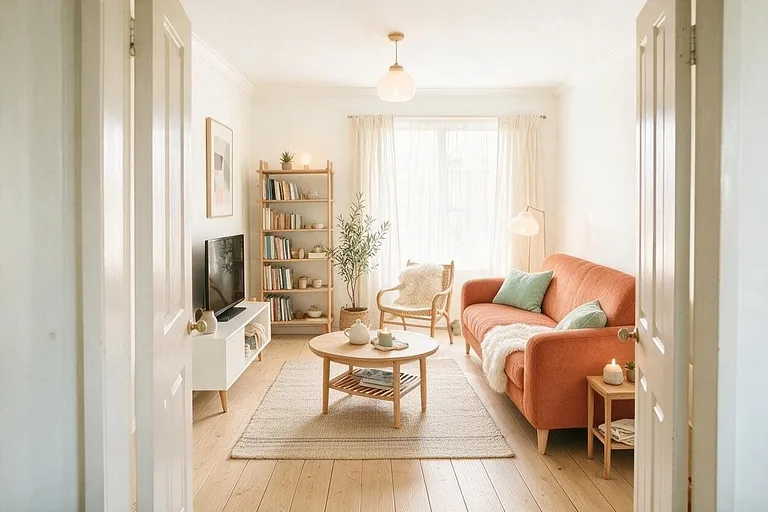 A Scandinavian living room in the Terracotta Sofa palette: warm white, terracotta, sage green, light oak, and oatmeal