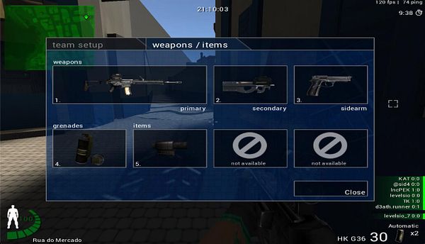 Game interface showing the weapons and items selection menu during a first-person shooter game.