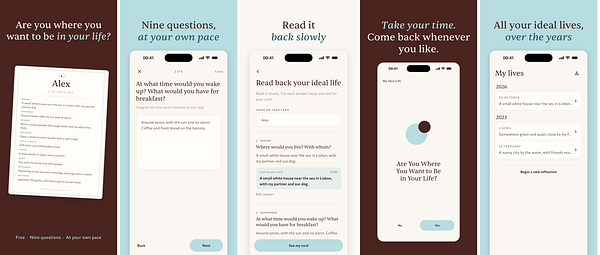 A sequence of five app preview screens illustrating a reflective life journaling app with gentle colors and simple layouts.