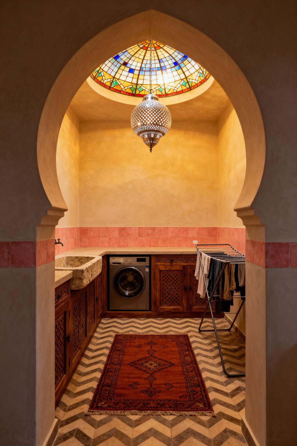 A compact Moroccan-style laundry room is framed by a keyhole arch. A stained-glass domed skylight and a perforated metal pendant bathe lime-plaster walls and a rose zellige tile backsplash in warm light. Carved wood cabinets with lattice doors sit below pale counters, integrating a stainless front-loading washer beside a chunky stone trough sink with a wall-mounted faucet. Chevron cement floor tiles and a rust Berber rug add pattern, with a folding drying rack at right.