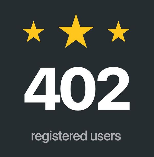Number 402 in white text with three yellow stars above and the words 'registered users' below on a dark background.