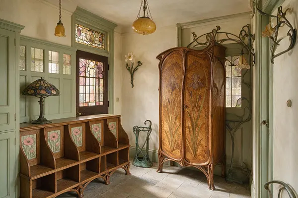 An Art Nouveau mudroom with sage green trim, stained glass windows, and curved wood storage. The room includes a decorative bench with floral painted panels, an ornate carved wardrobe, pendant lights, and wrought iron details, all set against pale plaster walls and a stone floor.