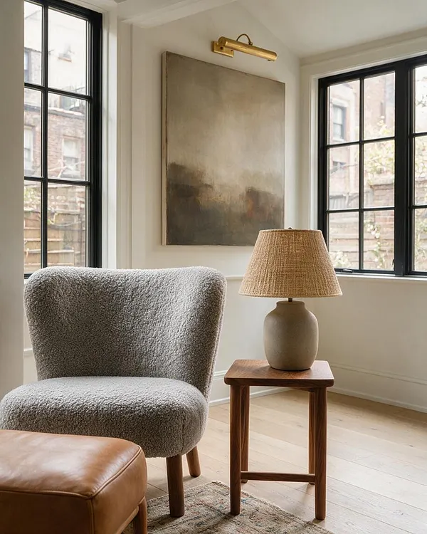 A bright transitional sunroom with black-framed windows, cream walls, and light wood floors. The space includes a gray boucle accent chair, a tan leather ottoman, a wood side table with a ceramic lamp and woven shade, and an abstract neutral painting.