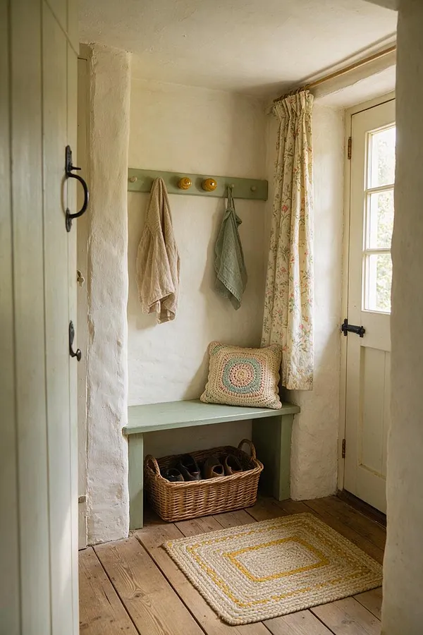 A small cottage-style entryway with white plaster walls, a pale green bench and matching coat rack, floral curtains, and a woven basket on the floor. Soft natural light enters through the door beside a crocheted pillow and braided rug, creating a warm, rustic welcome.