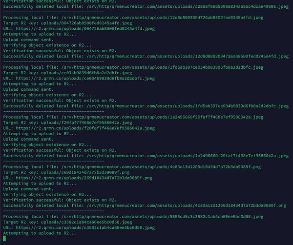 The image displays a terminal interface showing the process of uploading image files to R2 storage.