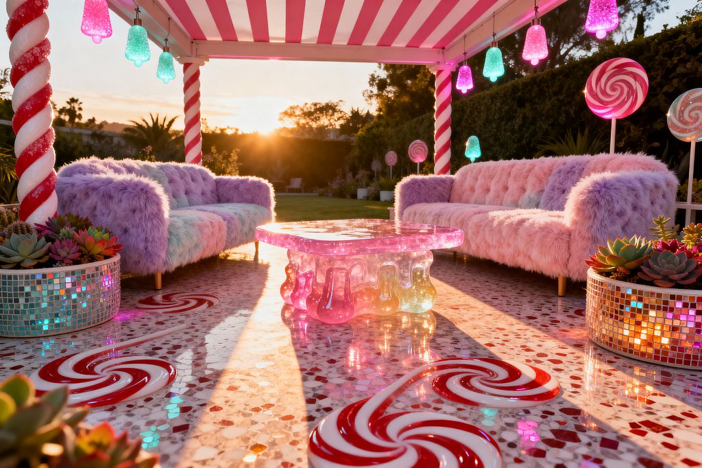 An outdoor patio styled like a candy fantasy features two pastel faux-fur sofas beneath a pink-and-white striped canopy with candy-cane wrapped posts. A translucent resin coffee table with drippy forms sits on terrazzo flooring inlaid with red-and-white lollipop swirls; mirror-mosaic planters filled with succulents and hanging gumdrop-like pendants in pink, aqua, and purple glow as the sun sets over a manicured lawn.