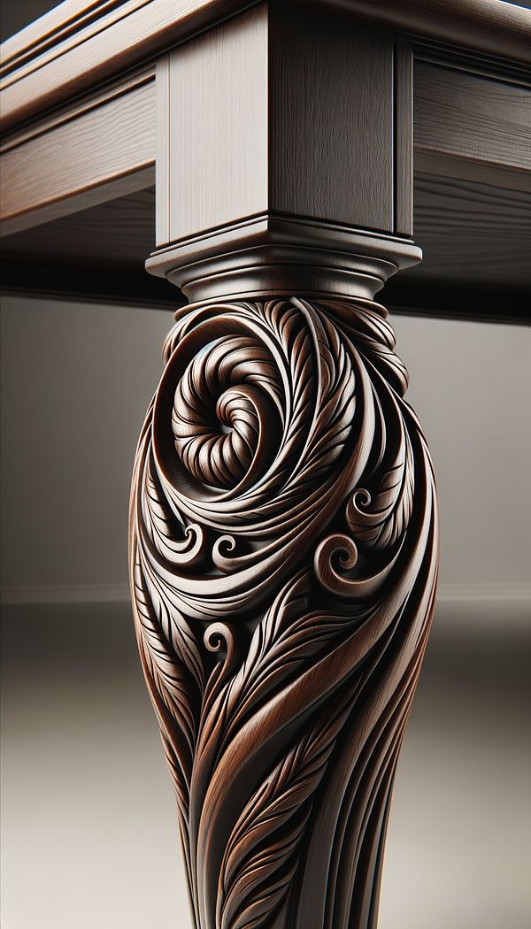 A close-up image of a dark wooden table leg with finely detailed Barley Twist design, against a neutral background.