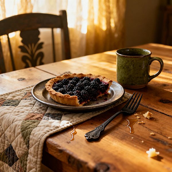 A rustic dining scene features a knotty wooden farmhouse table with a quilted patchwork runner draped over the edge. A blackberry tart sits on a pewter-toned plate beside a moss-green ceramic mug and a black metal fork, with a few crumbs and honey drips catching the light. Warm sunlight filters through sheer curtains, and a dark wooden chair with a floral cutout backrest is softly visible in the background.
