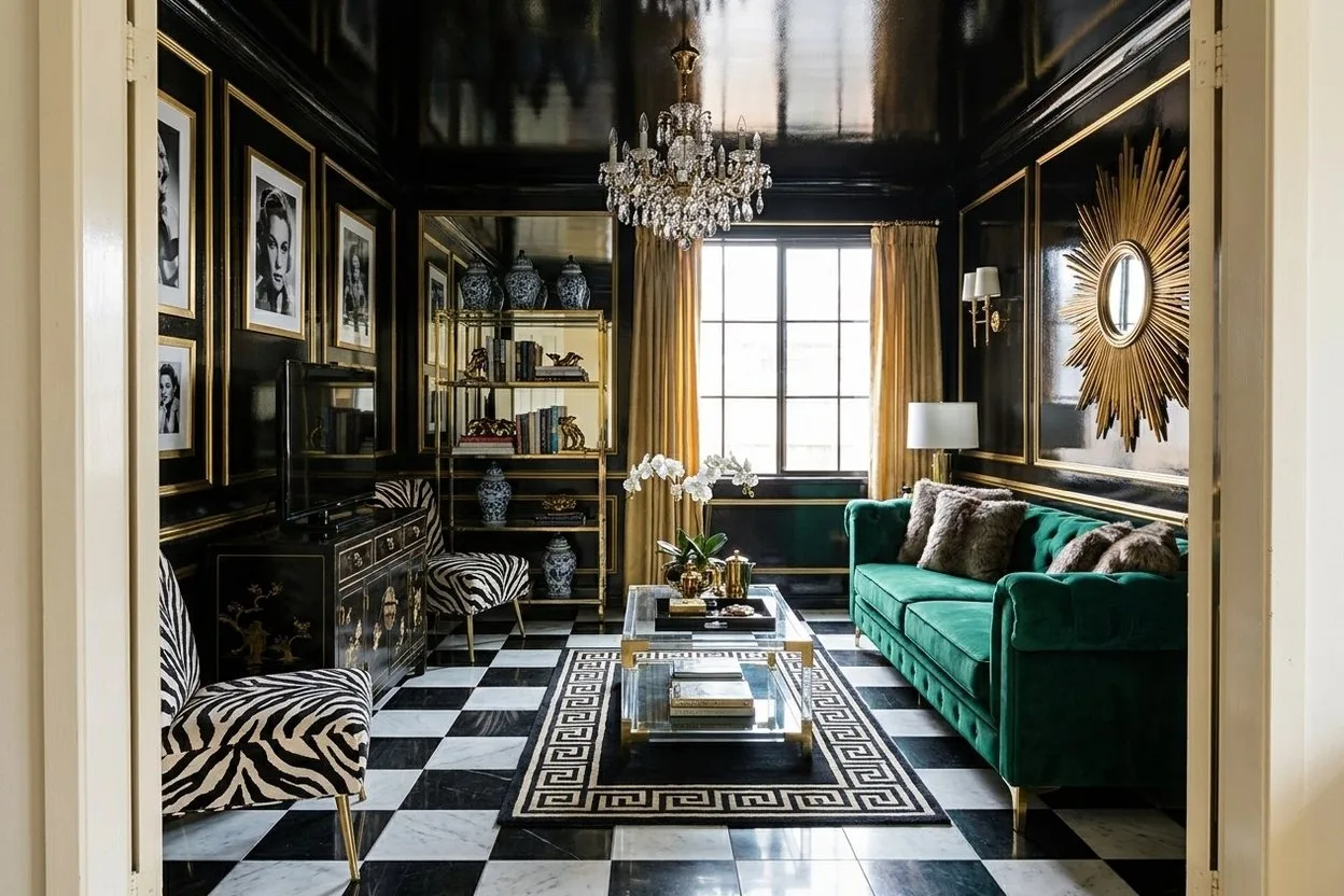 The same living room in the Hollywood Regency style