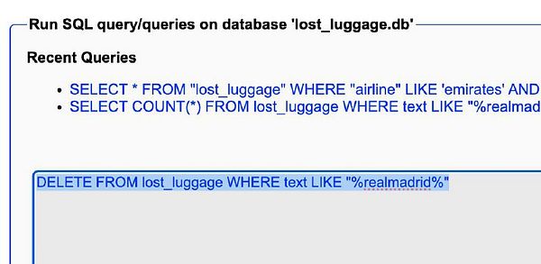 The image displays a SQL query interface showing recent queries related to lost luggage and the airline Emirates.