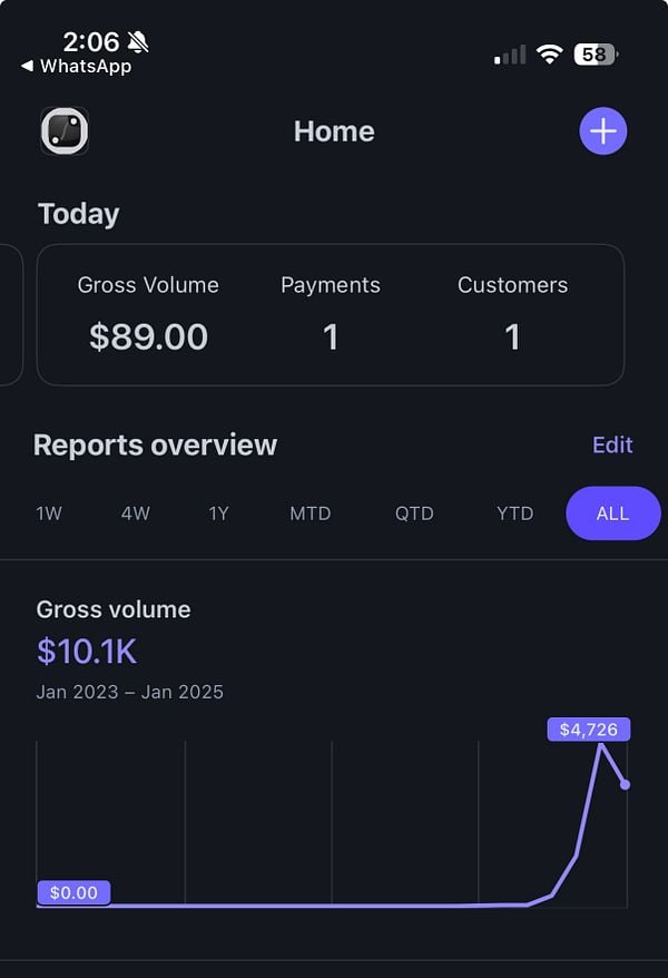 The image displays a financial dashboard showing gross revenue and payment statistics.