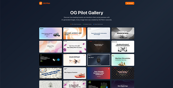 The image displays the OG Pilot Gallery, showcasing AI-generated images for various brands.