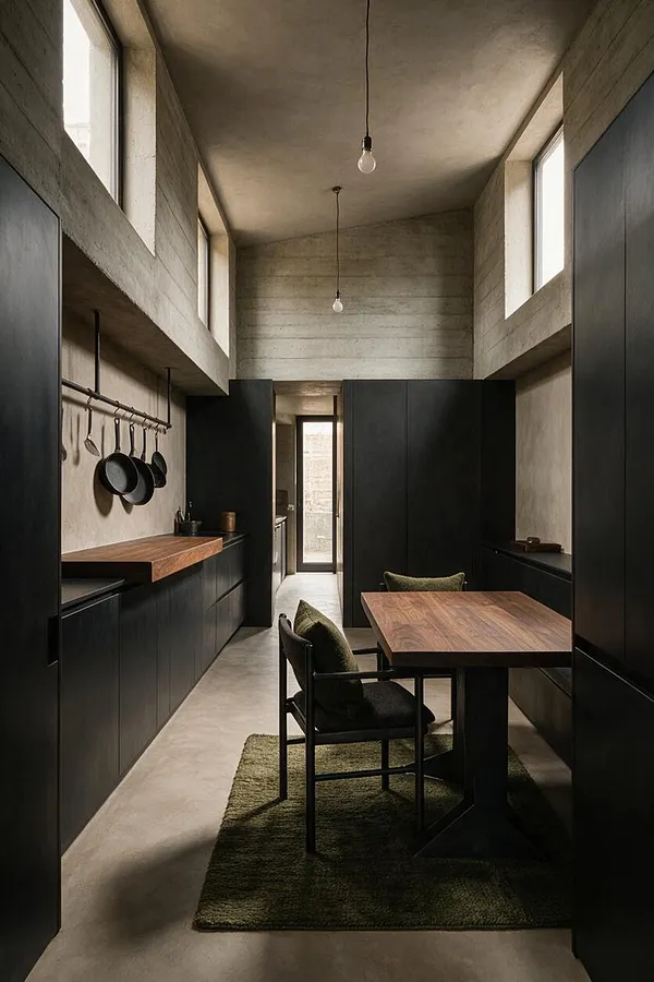 A narrow Brutalist kitchen with raw concrete walls and ceiling, tall clerestory windows, and matte black cabinetry. A wood dining table with black chairs sits on an olive green rug, while hanging pans and a simple pendant light add functional contrast.
