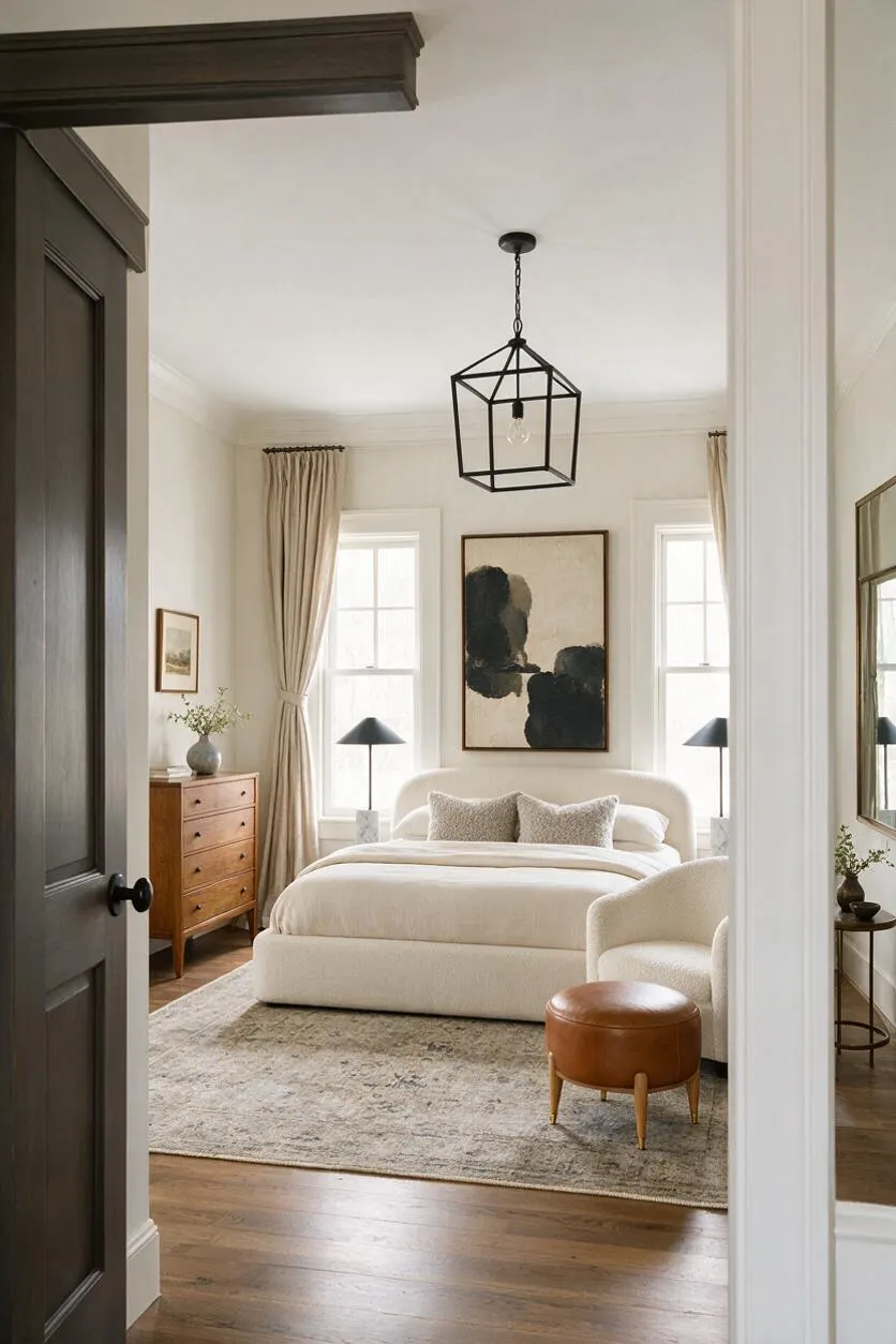 A transitional guest bedroom with a cream upholstered bed centered between two tall windows, a black geometric pendant light overhead, and abstract artwork above the headboard. The room includes beige curtains, a wood dresser, a textured area rug, a leather ottoman, and dark stained trim visible from the doorway.