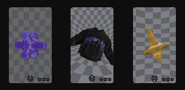 The image features three 3D models displayed on a checkered background, showcasing a playful design aesthetic.