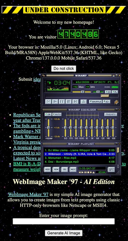 The image features a retro-themed webpage under construction, showcasing a Winamp music player interface and various text elements.