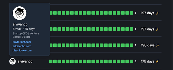 The image displays a user profile interface showing streaks and links for various projects.