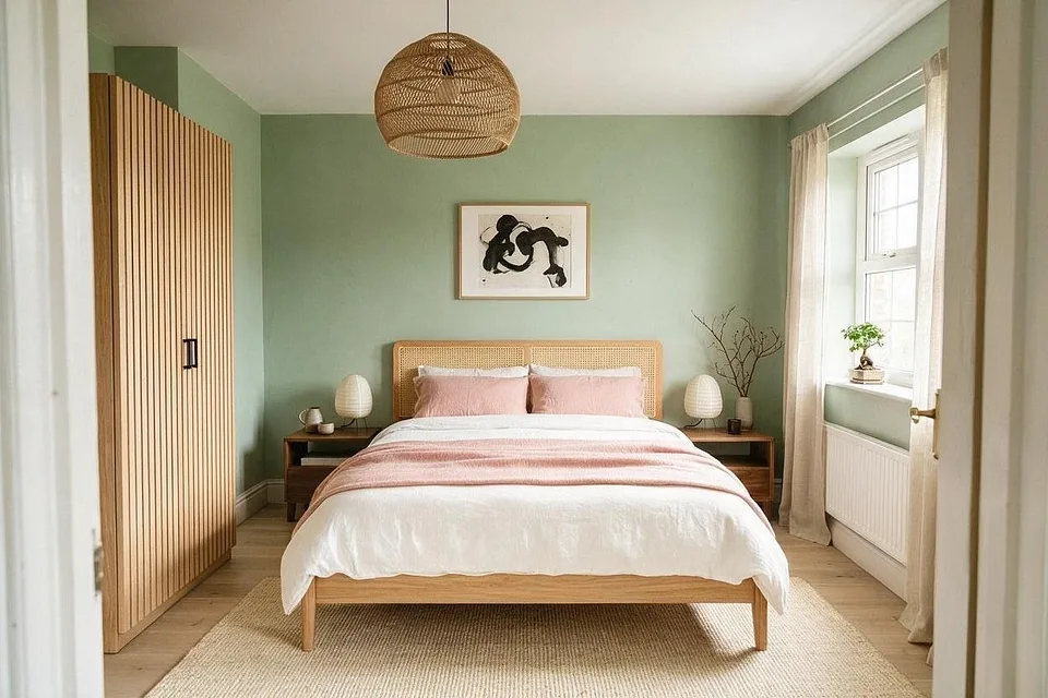 A Japandi bedroom in the Sage and Blush palette