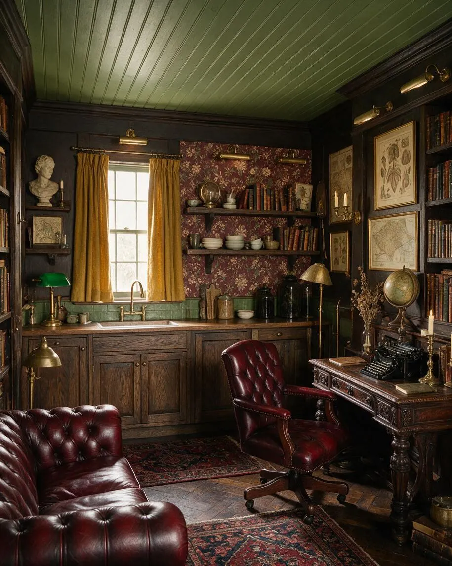 A moody dark academia kitchen with dark wood cabinetry, a green paneled ceiling, mustard curtains over a bright window, and burgundy floral wallpaper. The space includes brass sconces, open shelves with books and ceramics, leather tufted seating, Persian-style rugs, and an ornate wooden desk with a typewriter and globe.