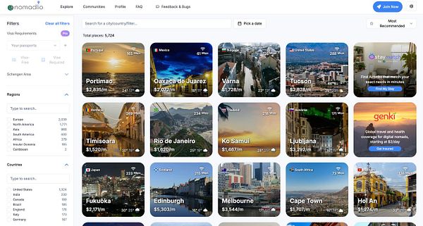 The image displays a user interface from a travel platform showcasing various cities with their respective costs and internet speeds.