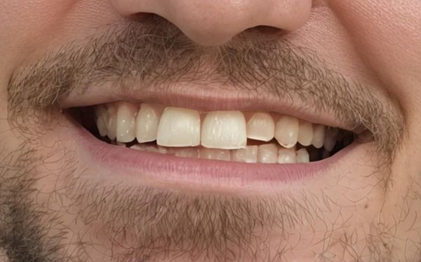 A close-up of a smiling mouth with visible teeth and facial hair.
