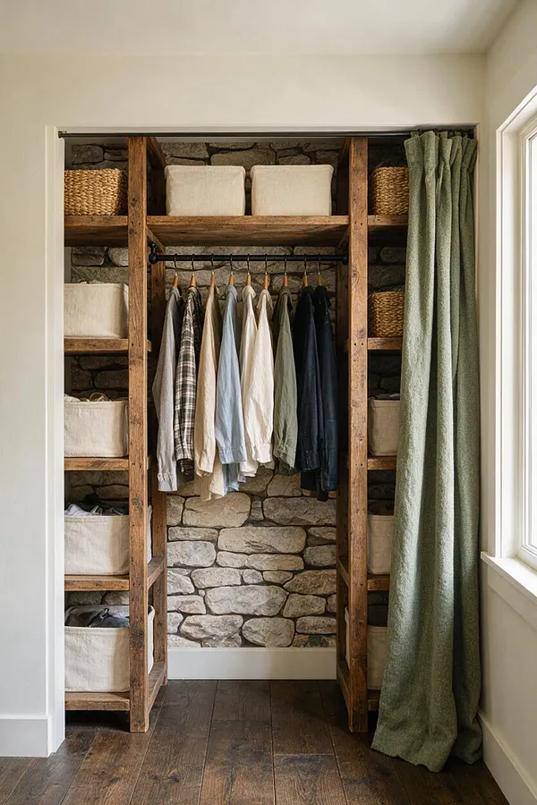 A rustic closet alcove with open wooden shelving, a hanging rod holding neutral-toned shirts, woven storage baskets, and fabric bins. The back wall is finished in exposed stone, with a green curtain covering the right side and dark wood plank flooring below.