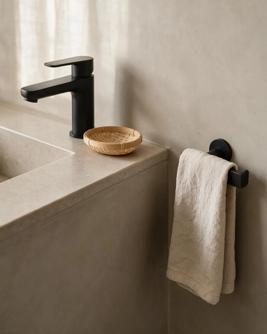 A serene bathroom sink area with a matte black faucet set into a pale stone countertop, a small woven bamboo dish beside it, and a cream towel hanging from a black wall hook. Soft natural light and warm neutral walls create a calm Japandi atmosphere.