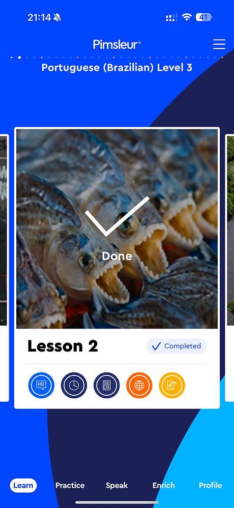 The image displays a completed lesson from the Pimsleur language learning app for Brazilian Portuguese.