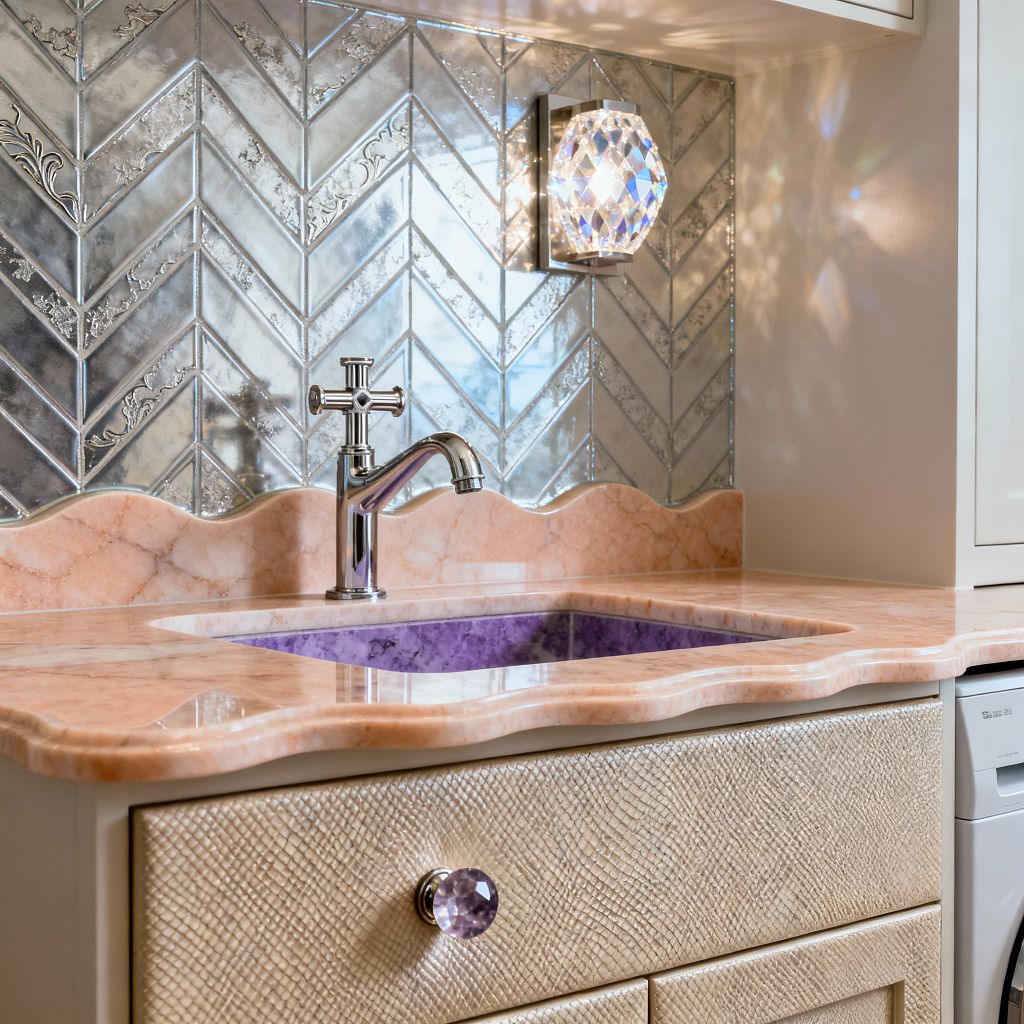 A laundry room sink area features a blush pink marble countertop with a scalloped edge and low backsplash, paired with an amethyst-hued stone basin. A polished chrome cross-handle faucet sits before a chevron backsplash of antique-mirror tiles with etched details. To the side, a faceted crystal wall sconce on a chrome backplate casts prismatic reflections. Cream cabinetry with faux-shagreen texture and a purple crystal knob sits below, with a white washer just visible.