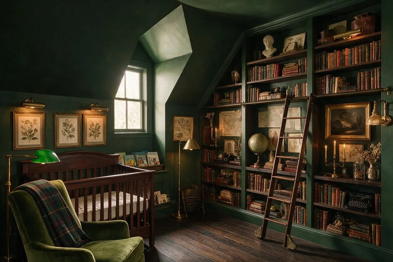 A dark academia nursery with deep green walls, a dark wood crib, and built-in bookshelves filled with old books, globes, framed art, and candles. A green velvet chair, brass lamps, and a leaning ladder complete the scholarly, vintage atmosphere.