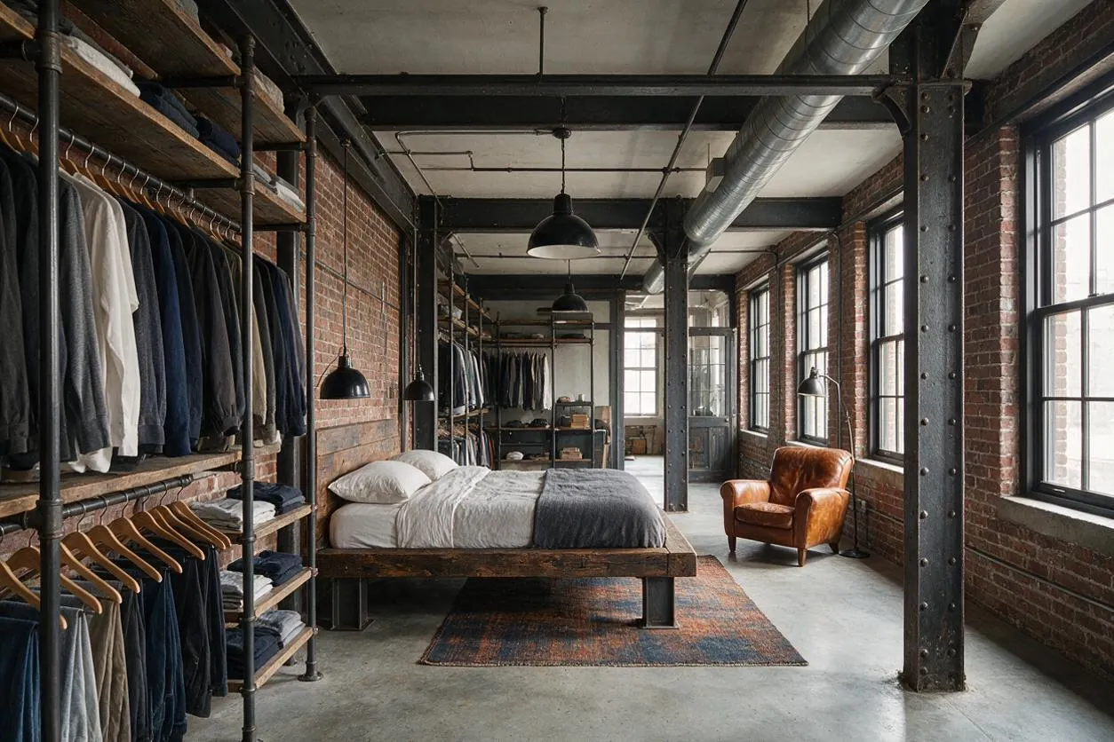 A spacious industrial-style master bedroom with exposed brick walls, black steel beams, and large factory-style windows. A low platform bed sits on a concrete floor beside open clothing racks, a leather accent chair, and a textured area rug.